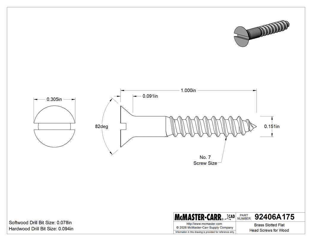 Technical Drawing of Brass Slotted Flat Head Screws for Wood, Number 7 Size, 1" Long.